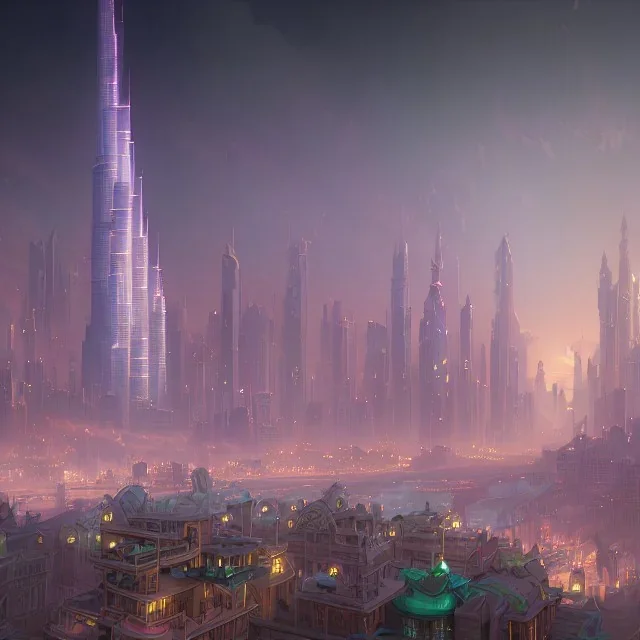 the city of Dubai made of magic, cotton candy, and dreams, 8k resolution, high-quality, fine-detail, intricate, digital art, detailed matte, volumetric lighting, illustration, 3D octane render, brian froud, howard lyon, selina french, anna dittmann, annie stokes, lisa parker, greg rutowski