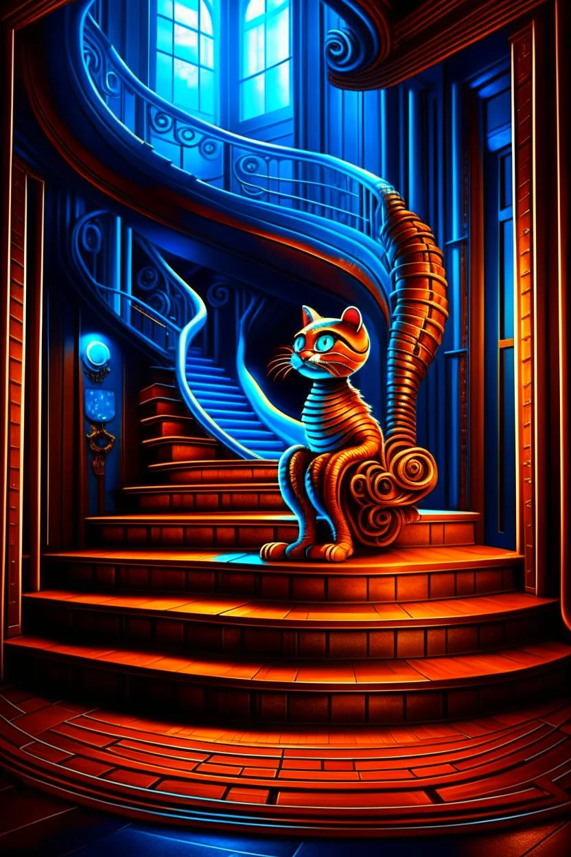 chat robot creating crazy revenue in the style of escher and giger, spray paint, photo realism, trending on art station, 8k, depth of field, down light, light rays, volumetric, reflective spiral staircase, blue, brown and orange