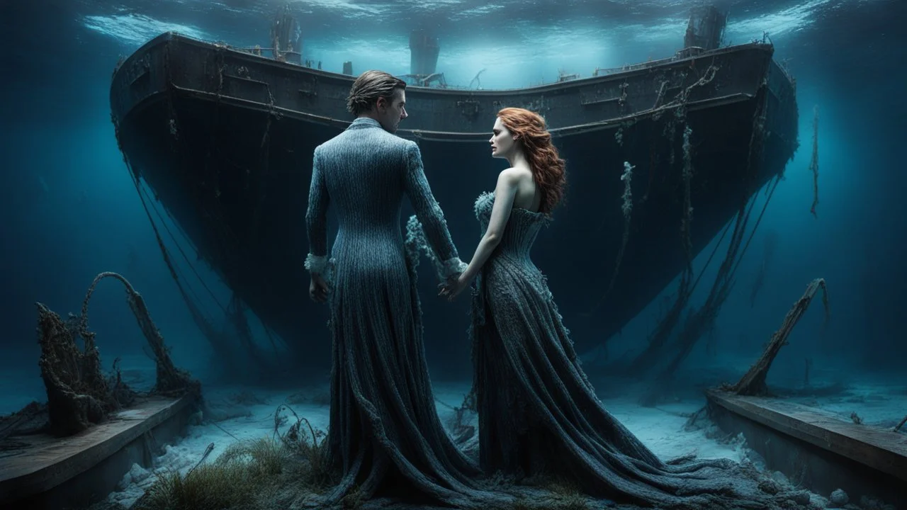 A Hyper Realistic and Hyper Detailed frozen bodies Of Jack And Rose Of Titanic standing in their romantically signature pose On The Edgy-Top Of The Massive Titanic Shipwreck sank in the deep of the ocean, the dark destroyed shipwreck gives the haunted creepy vibe, water grass & piranha fishes showing Dramatic And cinematic Ambiance.