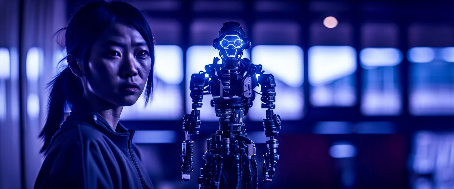 Wide cinematic photo of a candid Japanese Solarpunk hacker cyborg in Alberta, shot using an anamorphic lens. The figure, with cybernetic enhancements,