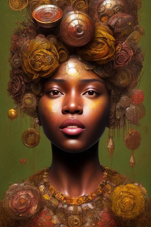 an abstract painting of rusted metal and flowers, african portrait, scaffolding, iron cladding, decay, mixed media, textured, anatomically correct, beautiful perfect face, sharp focus, highly detailed