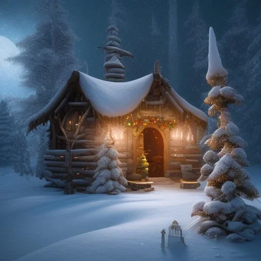 Mysterious christmas night, a small lonely hut, surreal atmosphere, cosmic backdrop, celestial ambience, soft lighting, very chilly appearance of the surroundings, unreal engine 5 volumetric lighting, intricate details, realistic style, 8k resolution