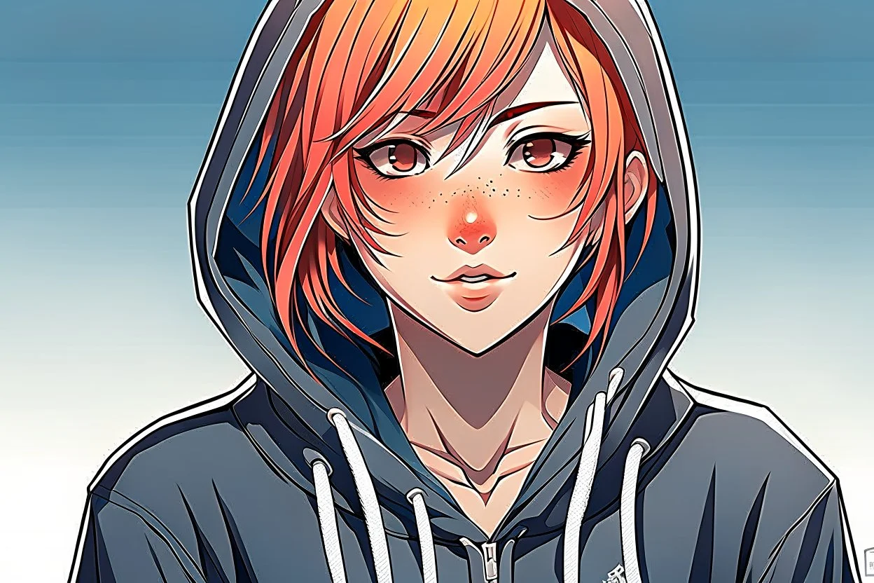 An anime young adult female with medium length bright red hair, she has brown eyes, wearing a black hoodie, realistic, slight smile