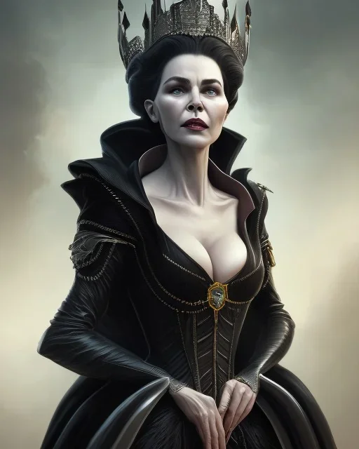 old evil queen in black leather gown, femme fatale, volouptous, busty, cleavage, angry, emperious, 8k resolution concept art portrait by Greg Rutkowski,