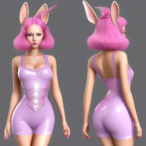 Asian woman, leaning pose, rabbit mask, pink short hair, latex suit, highly detailed,