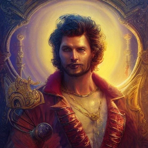 Arthur Kulkov, Russian, circus, ringleader, portrait, handsome, ringleader, muscular, man, strong, detailed matte painting, fantastical, intricate detail, 8k resolution, concept art portrait by Greg Rutkowski, mystical colors, Golden hour, colorful galaxy foreground, lisa frank fantasy, neon pastel color palette, beautiful colorful interesting detailed storybook fantasy