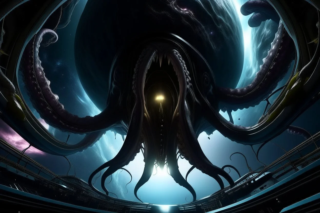 View from a spaceship into a natural event horizon in space with enormous strange tentacled creatures, with huge mouths, flying around in the black