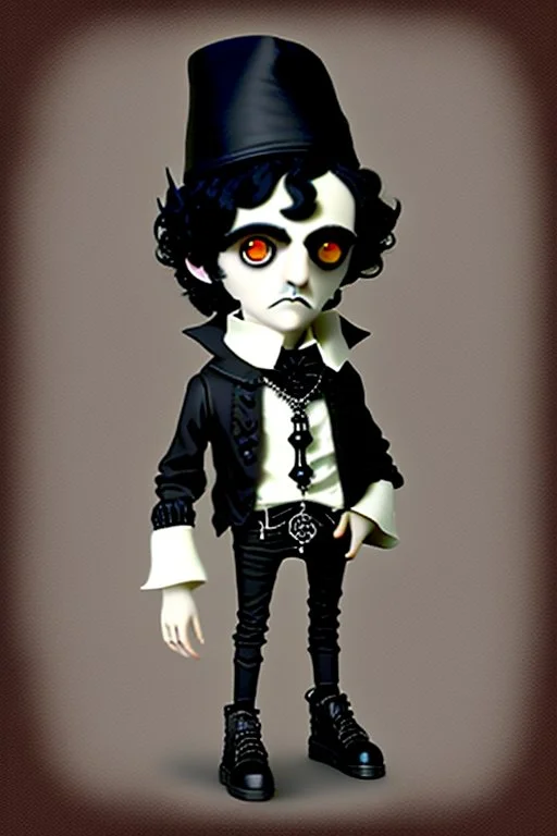 black haired black eyed young man necromancer steampunk goth Gnome that looks like a young Edgar Allan Poe with gothic jewelry in the style of Charles Addams