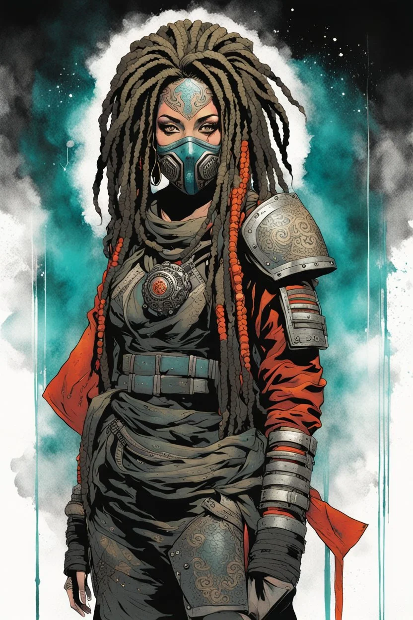 front facing full length portrait illustration of a grunge armored female , beaded dreadlock hair, cyberpunk vampire mercenary wearing an ornate kitsune noh mask , and shemagh, highly detailed with gritty post apocalyptic textures, caught in a cosmic maelstrom of swirling gases , finely detailed facial features and hair, in the graphic novel style of Bill Sienkiewicz, and Jean Giraud Moebius, ink wash and watercolor with realistic light and shadow