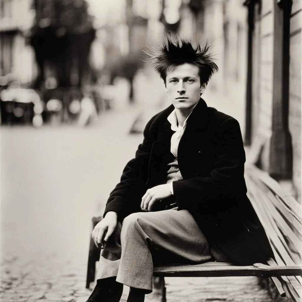 Color picture sitting on a bench in Paris: Biographie, photographie et citations de Arthur Rimbaud. Jean Nicolas Arthur Rimbaud est un poète français (with a messy hairdo,)