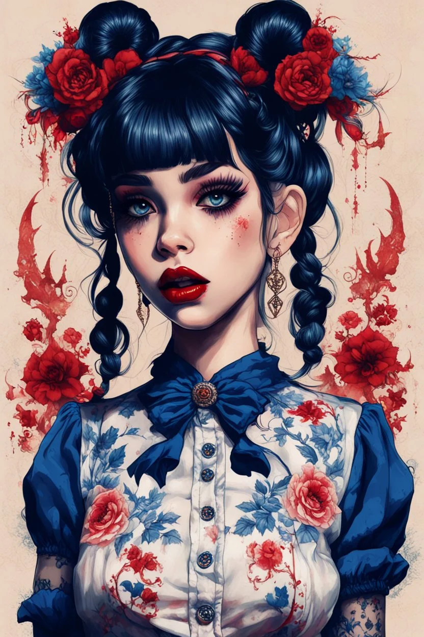 wears a smart shirt which is embroidered with bluered flowers and ornaments, has dark eyes and horns,Poster in two gradually, a one side malevolent goth vampire girl face and other side the Singer Melanie Martinez face, full body, painting by Yoji Shinkawa, darkblue and sepia tones, 90's movie , un pixel art , for a retro gaming 2D style,