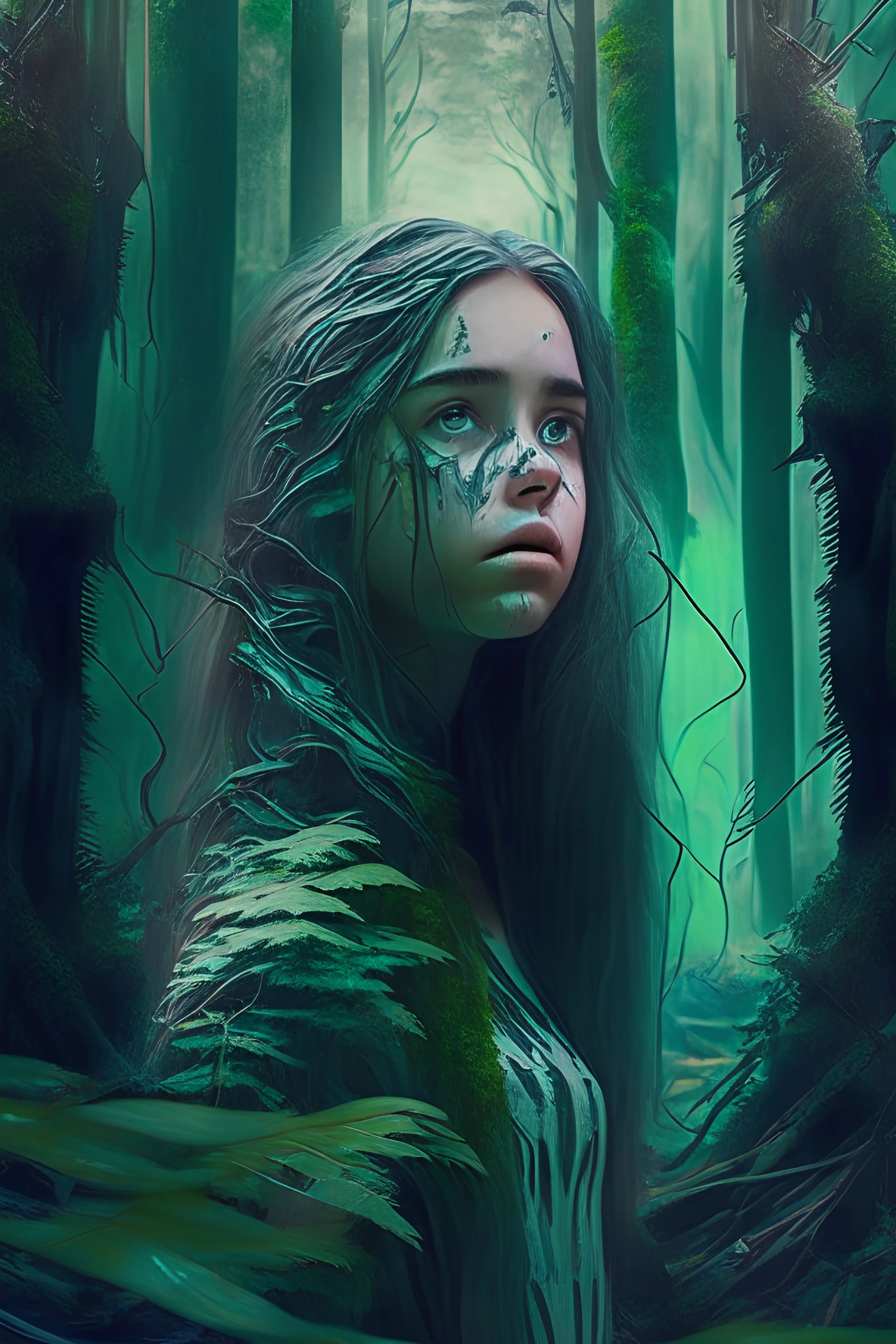 lost but found, futuristic forest, young beautiful girl that was lost but found