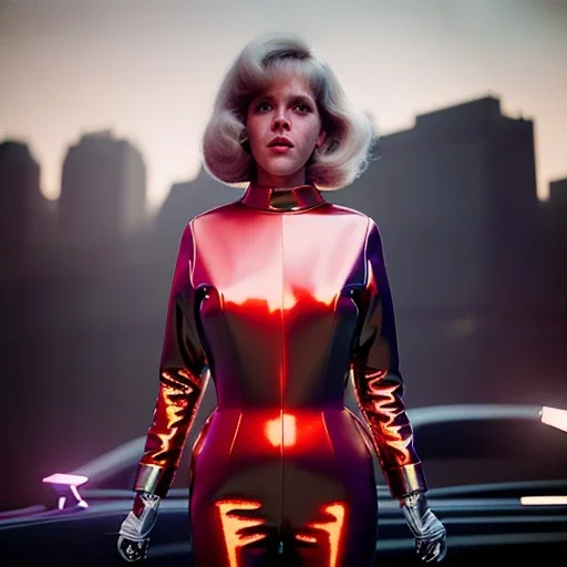 Ultra Realistic retro sci-fi portrait New York image from 1960, many explosions, sweet young Jane Fonda, tight latex suit, weapon, fighting stance, soft color, highly detailed, unreal engine 5, ray tracing, RTX, lumen lighting, ultra detail, volumetric lighting, 3d, finely drawn, high definition, high resolution.