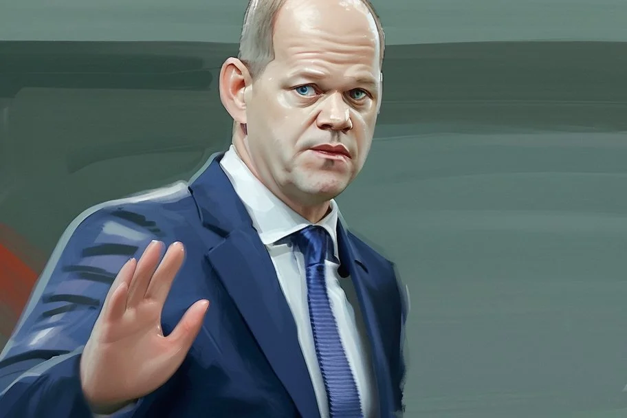 side view of Olaf Scholz walking, concerned expression, waving hand, pressed lips; in abstract style; caricature exaggeration;