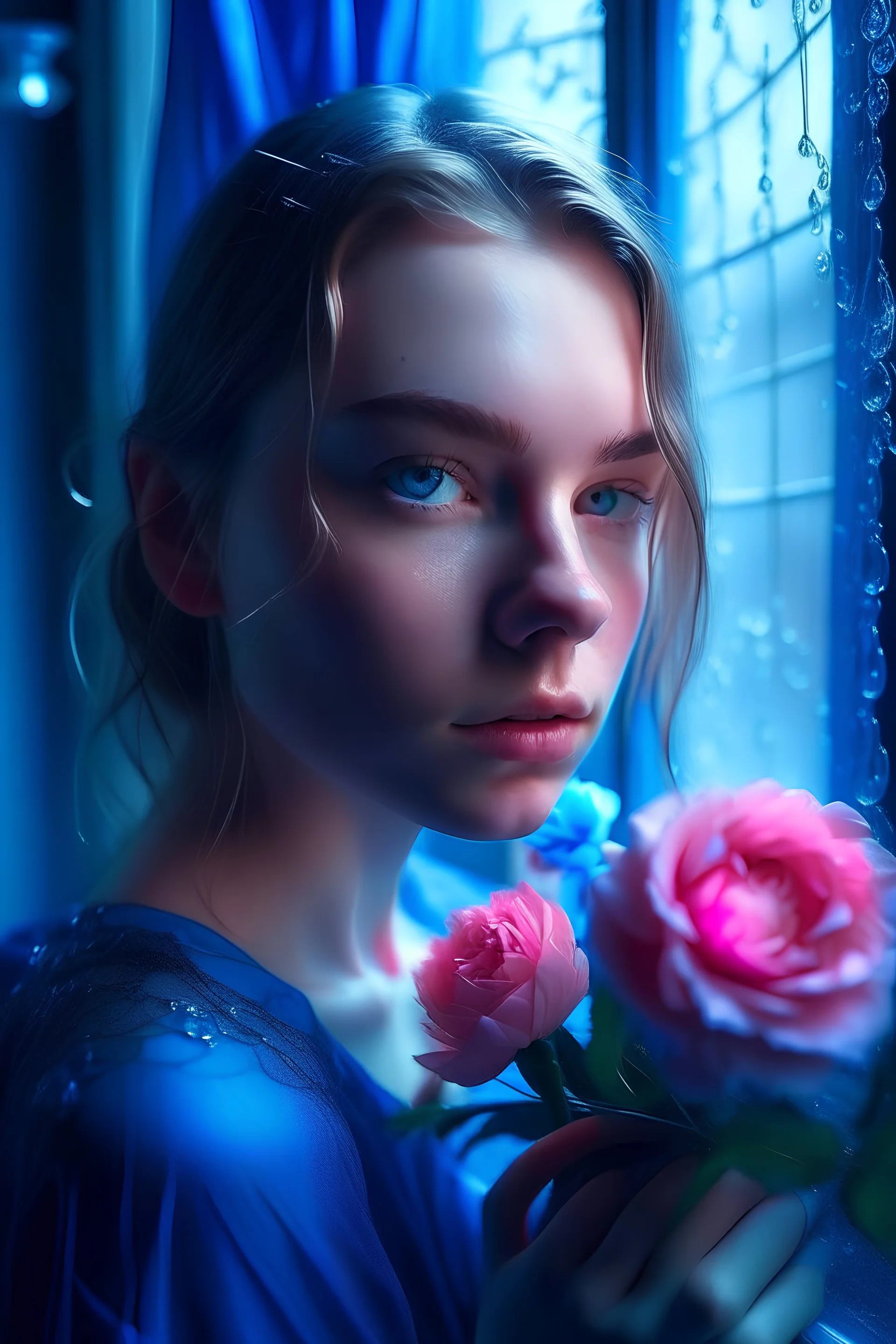 model aged twenty, pretty skin, pretty face, delicate makeup, blue, blue glass, blue light, blue eyes, glass, water, water drops, window, interior, tulle, lightness, modern style, pink, flower, peony, purple, sensuality, youth, lights, natural portrait, woman