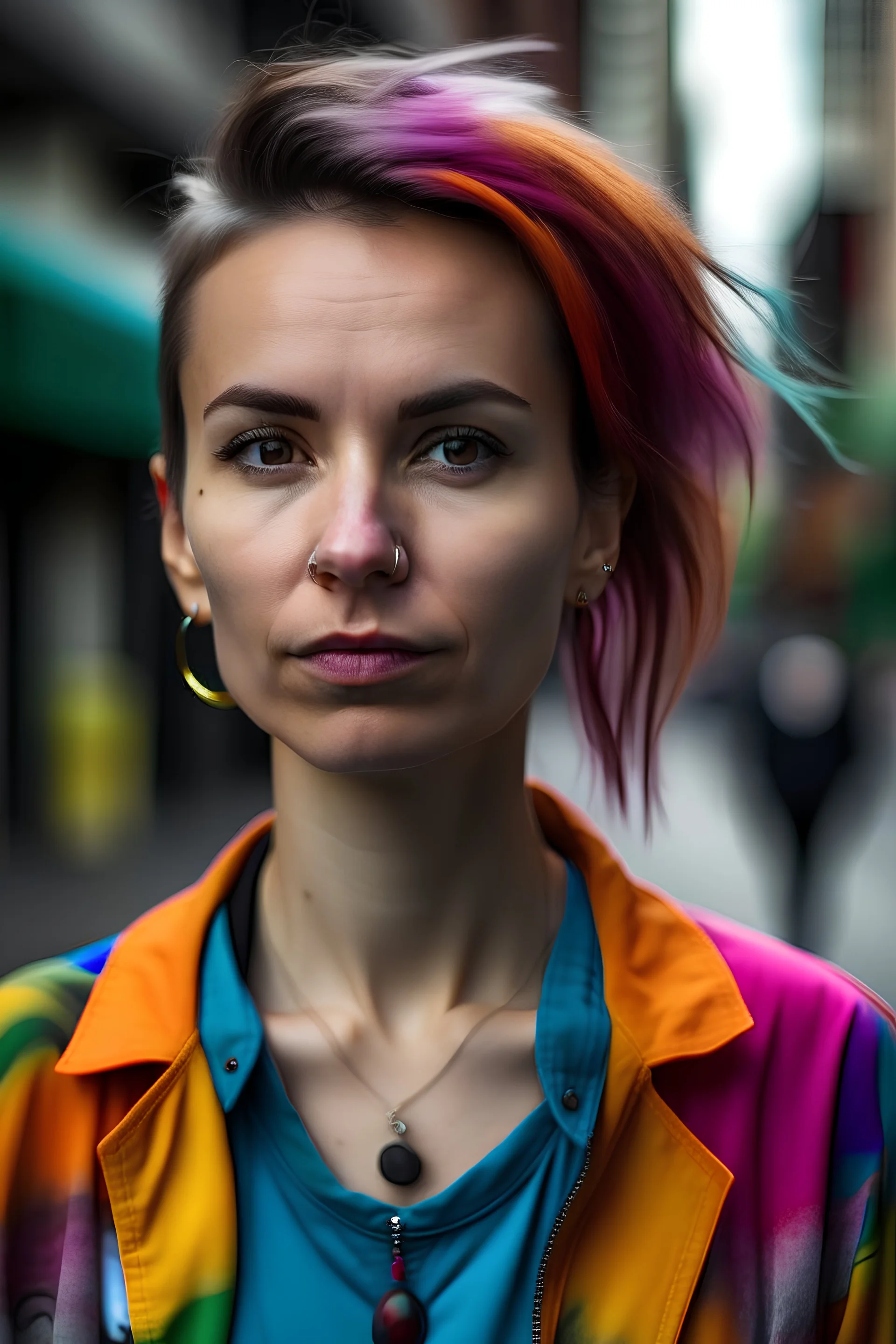 Frau, 32-jährig, realistische Haut, realistische Haare, ernsthafter Blick, farbige Kleidung in einer modernen Stadtumgebung