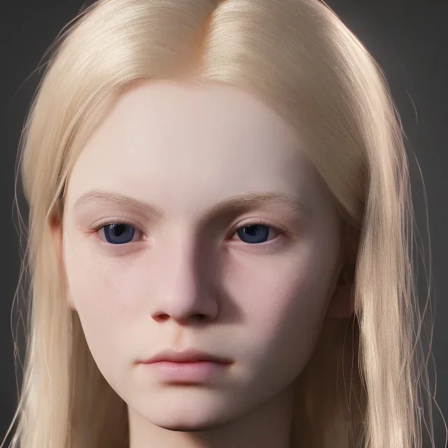 16 years old women, named Gretchen Marie Bernath - light-blonde hair, round blue eyes, medium cold skin tone, defined jawline and cheek bones, defined sharp nose, full eyebrows, natural, mature, warrior, hard worker, strong, muscular, enduring, cocky, caring, dramatic, confident