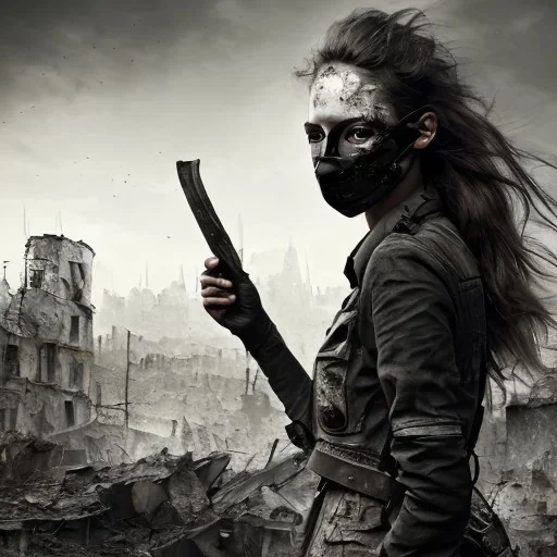 women, faces covered in black masks, ragged clothes, holding flag, war-torn, destroyed city in the background, 8k resolution, hyperrealistic, detailed matte painting, b&w, dynamic lighting, war, anarchy, terrorists, sepia