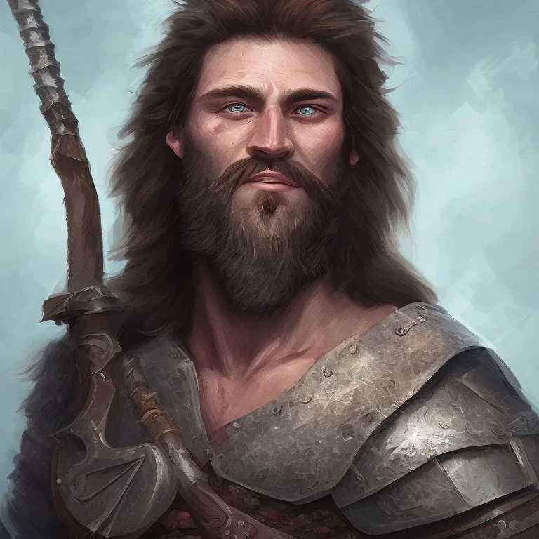 Portrait of Gradwulf the barbarian adventurer warrior. He is an unattractive man in his 30s with battle scars across his rough face. He wields a two-handed battle-axe.