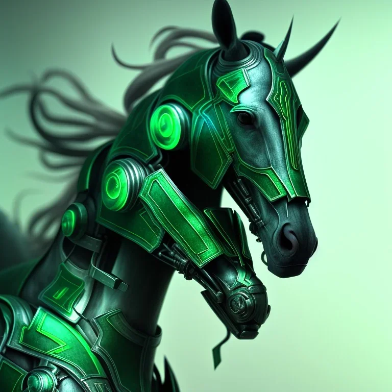 A beautiful portrait of a cyborg horse green color scheme, high key lighting, volumetric light high details psychedelic background