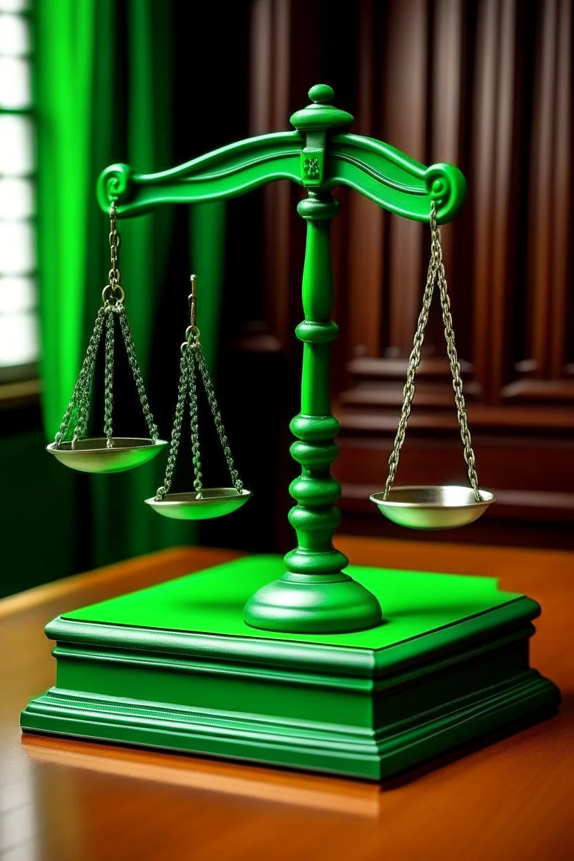 The scales of justice are placed on a desk with a green flag behind it