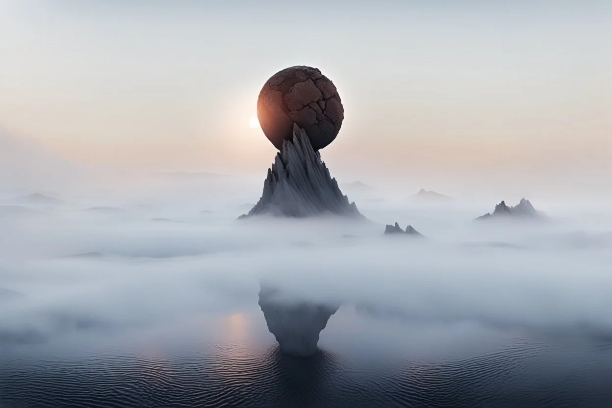 atop the tip top of a lonely mountain's peak, a big rocky clay sphere is broken and stuck. foreground shrouded in mist. cinematic lighting, artstation, grim mood, looking up camera angle