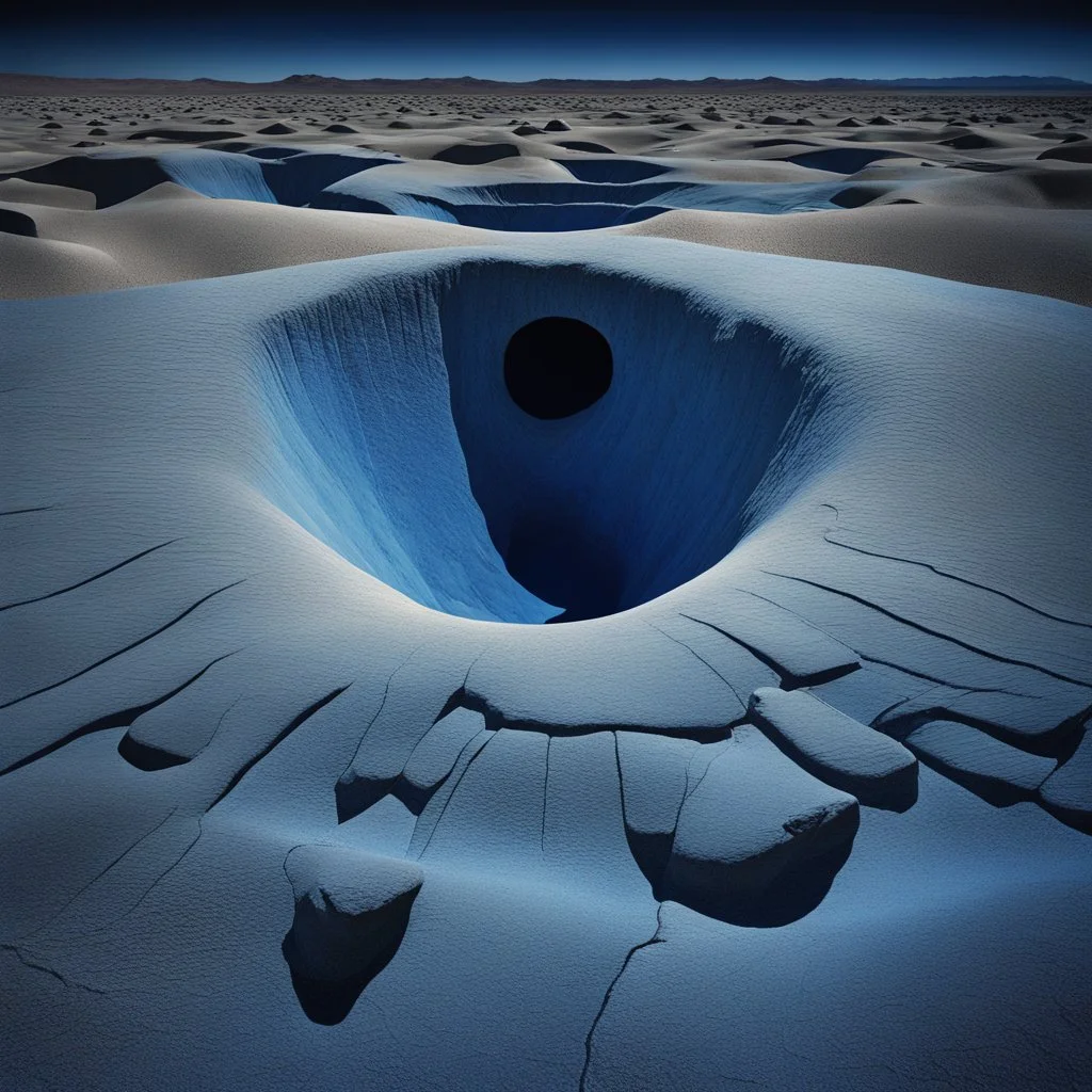 Surreal Blue desert with weird blue sinkholes, Monochrome Blue color scheme, midnight blue night sky casts a blue pall over the desert, strange shaped blue rock croppings, variant blue hues and shades creating contrast, blue moon emanating increasingly fainter blue concentric circles onto the desert, high contrast, different contrasting textures, surrealism reminiscent of Kay Sage, dark, blue!!!