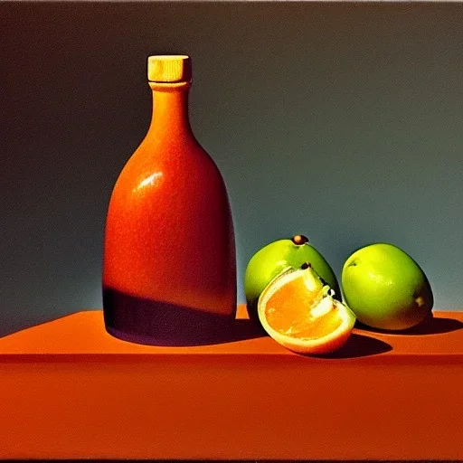 still life bottle half fruit