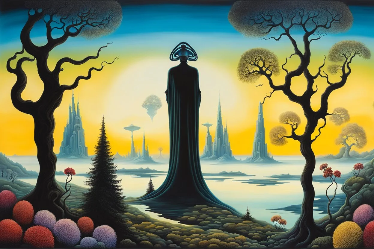 silhouette from an alien hybrid around Ethereal whimsical flower and trees, weird alien land, surrealism Salvador Dali matte background melting oil on canvas detailed matte painting sinister by Greg Rutkowski , klee, bosch, dark colors