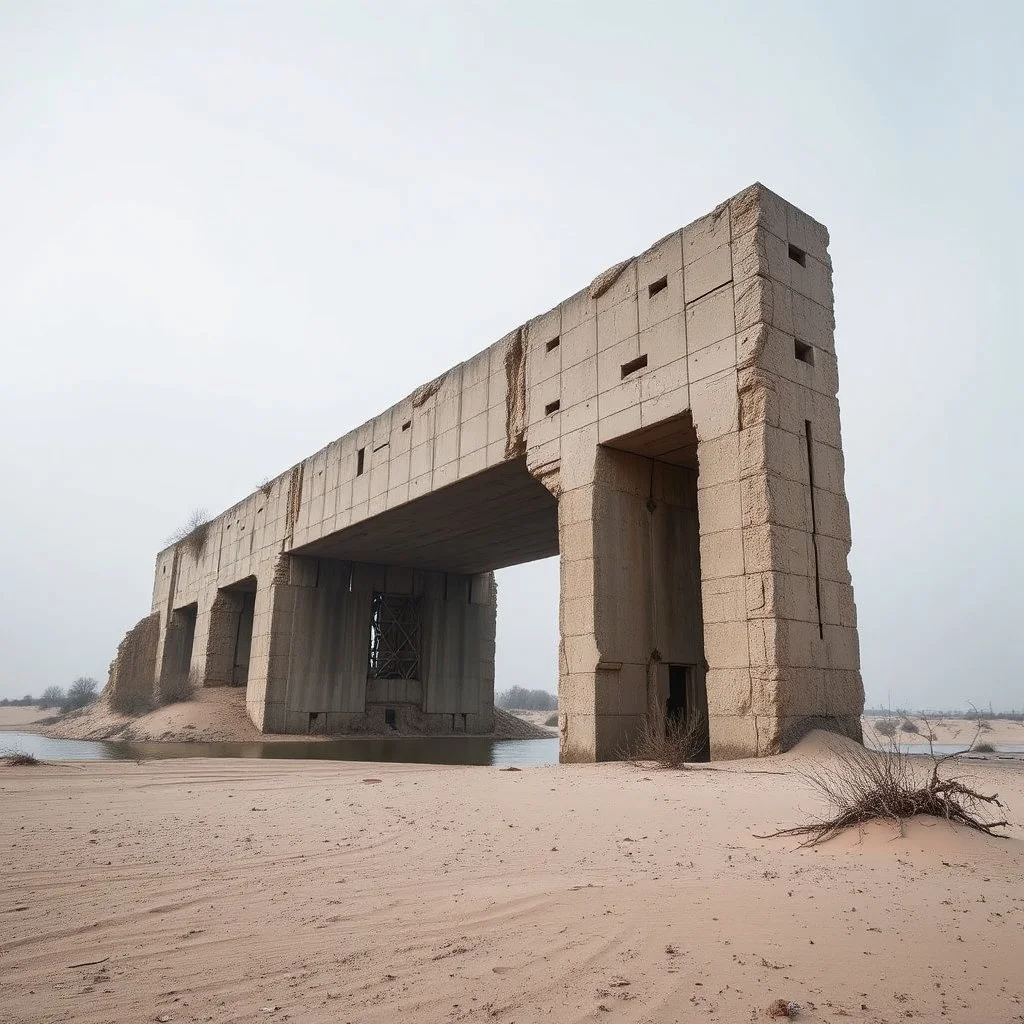 Fotografia di un grande ponte moderno brutalista, che sembra un tugurio, parzialmente sommerso. La struttura è erosa e inglobata dal paesaggio naturale, come se il tempo o l'ambiente avessero iniziato a "riassorbirla". L'atmosfera è desolata e surreale, con un ambiente circostante spoglio e sabbioso hasselblad h6d400c --ar 85:128 --v 6.0