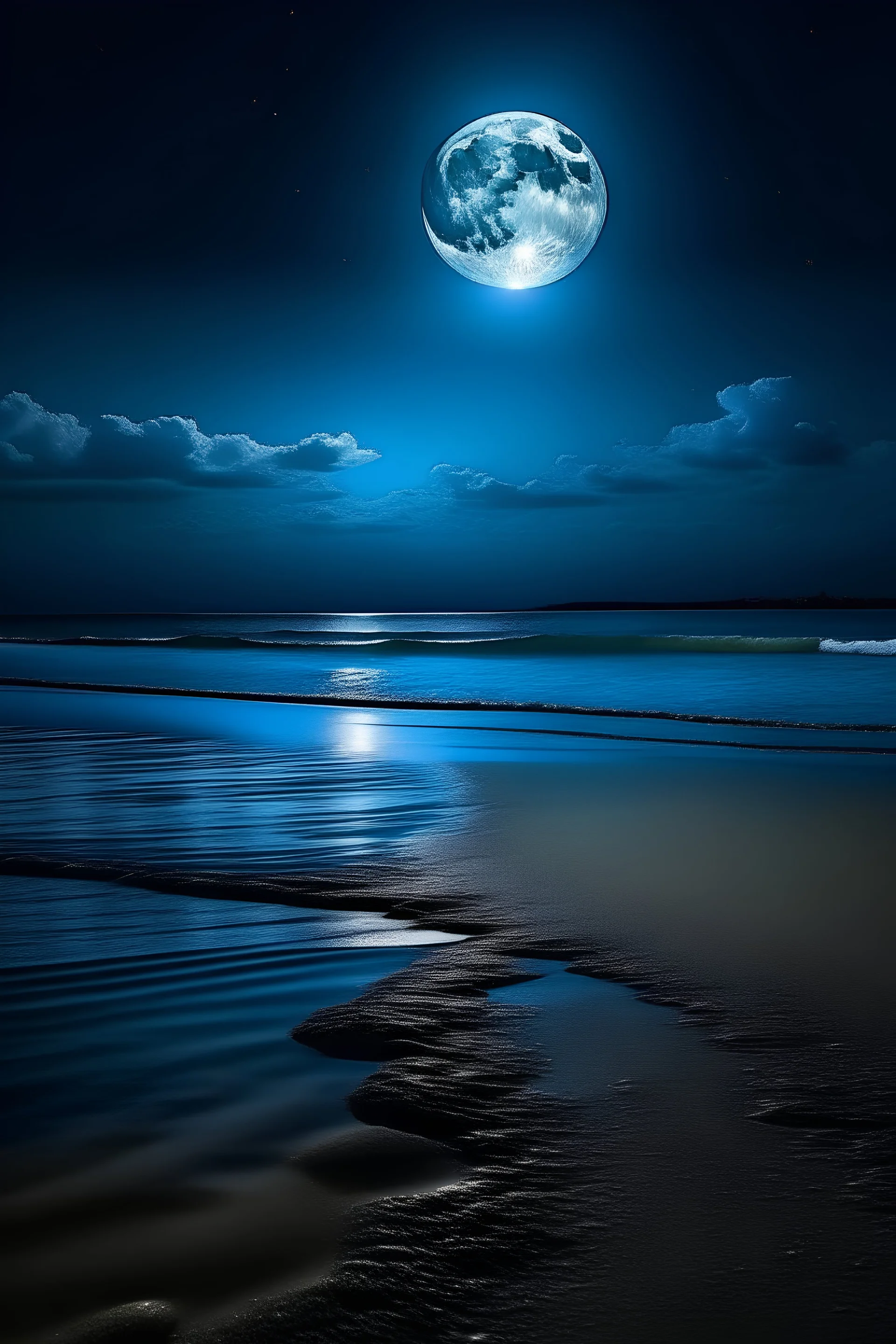 noche de luna llena en una playa paradisíaca con un mar azul con la luna reflejándose en el agua