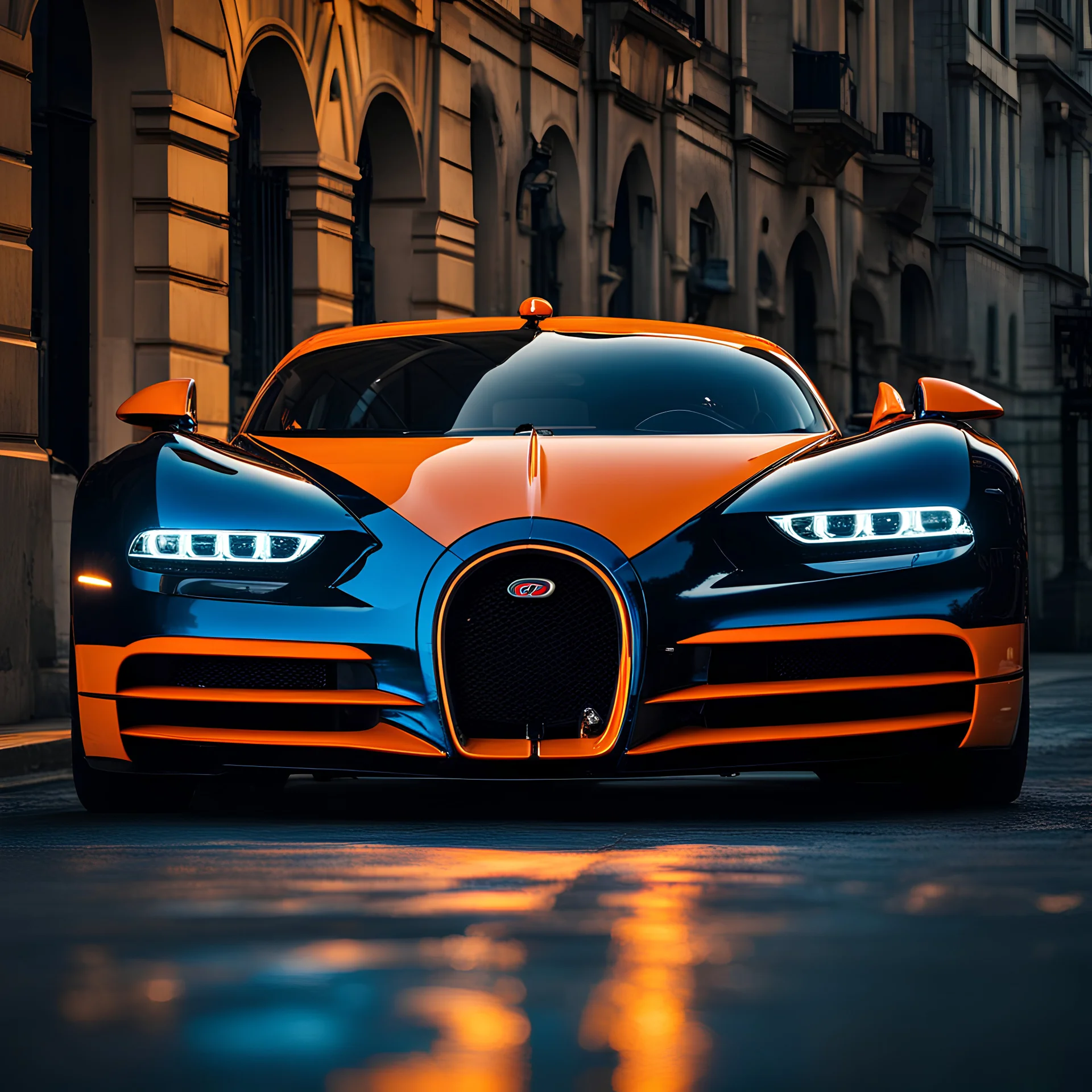 A close up on headlights of a Bugatti in bioluminescent blue and orange street