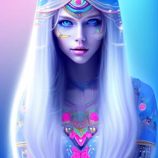 beautiful, soft, smiling face,long straight blonde hair blues eyes, crown on the head, clothing in transparent bluish and pink veil, background brillante bluish and pink,