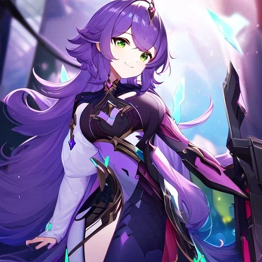 Clear focus,High resolution,High quality, Smiling, Purple long fluffy hair, Green eyes, Wearing a pink mech uniform, Honkai Impact Star Rail