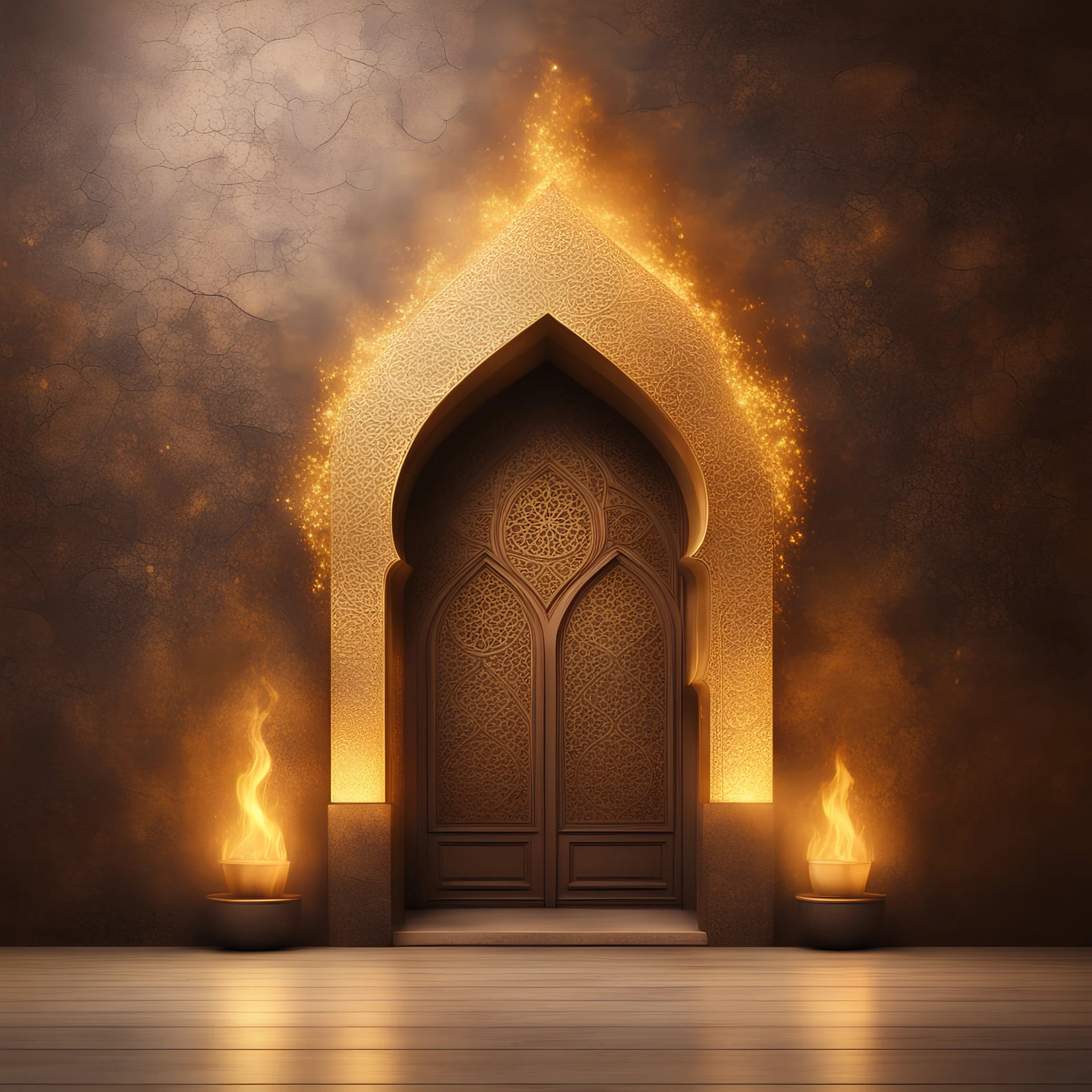 Hyper Realistic Bright-Glowing-Golden-Islamic-architecture on rustic-brown-rustic wall with embers