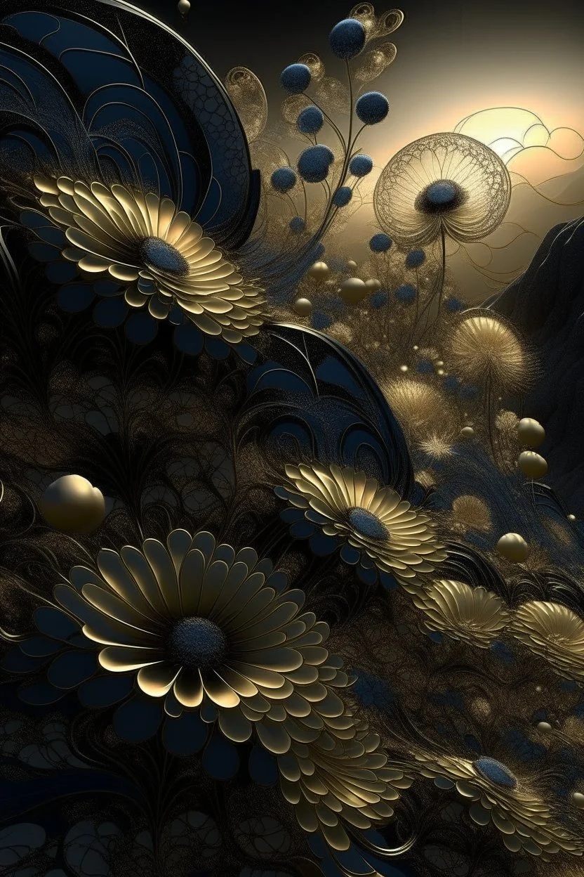 cosmos, scale, phantasmagoria, golden city in space, white, beige, black, blue transparent flowers with gold edging in front, sunset, cascade, fractal, glitter, clear detailed drawing, grotesque, engraving, optical illusion, illustration, surrealism, realistic, beautiful, lumen, professional photo,beautiful,3d, realistic,64k, high resolution, high detail, digital painter1/500