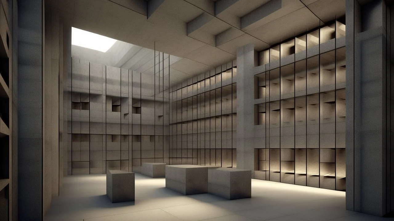 Mezcla relativamente homogénea de nichos rectangulares de hormigón visto, cubículos y pequeños compartimentos ensamblados en una retícula irregular, únicamente algunos espacios habitados por lectores, sección arquitectónica abierta, iluminación cenital suave, hiperrealismo.