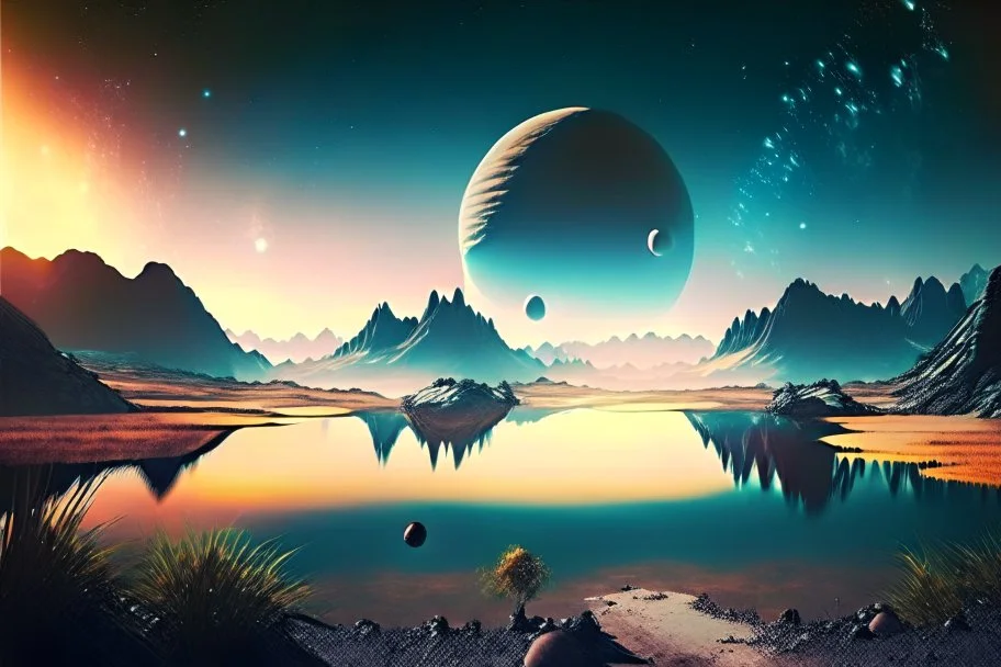 Alien landscape with exoplanet in the sky, over the valley. Pond, cinematic, movie poster