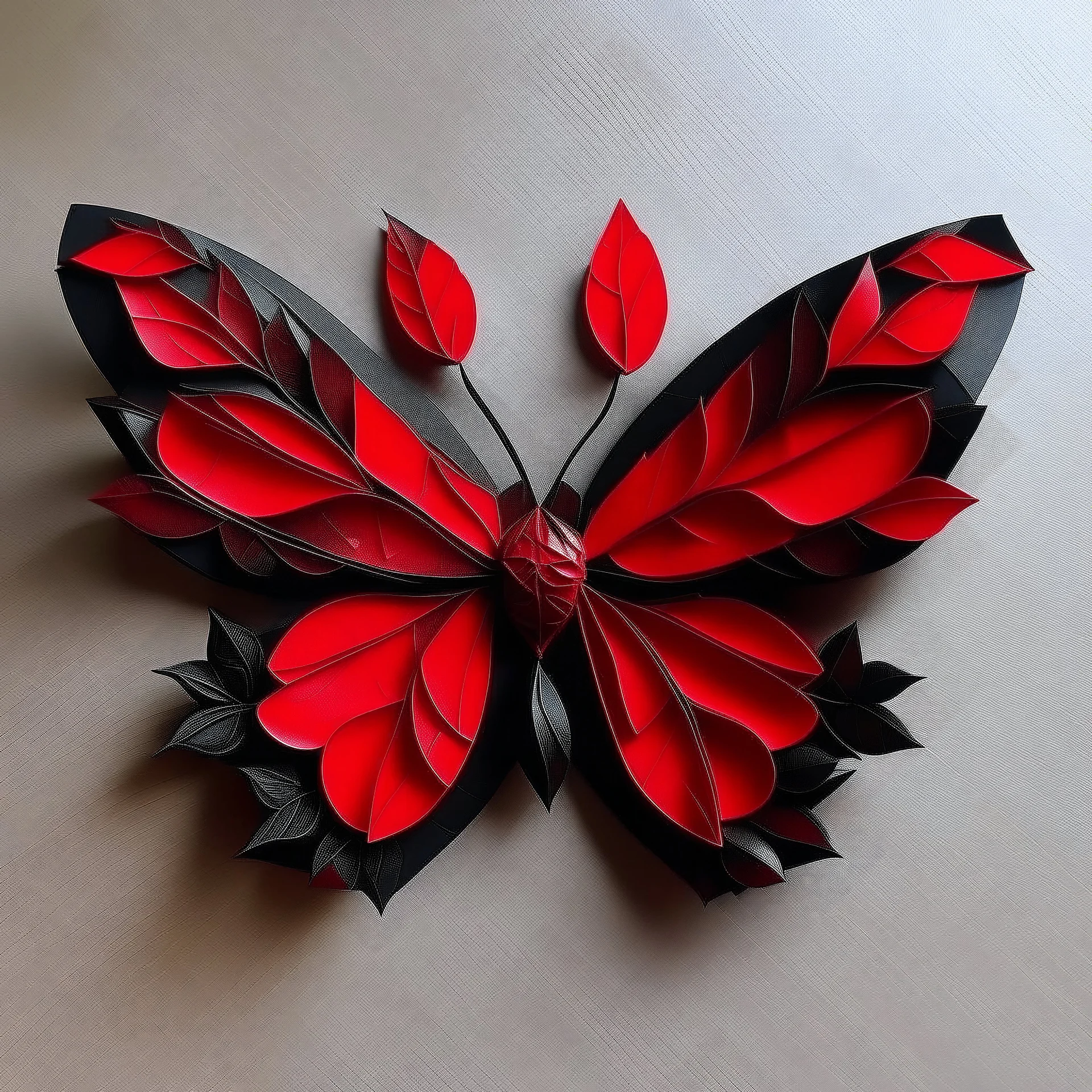 Craft a combination futuristic of a leaf, and butterfly in shades of red and black.