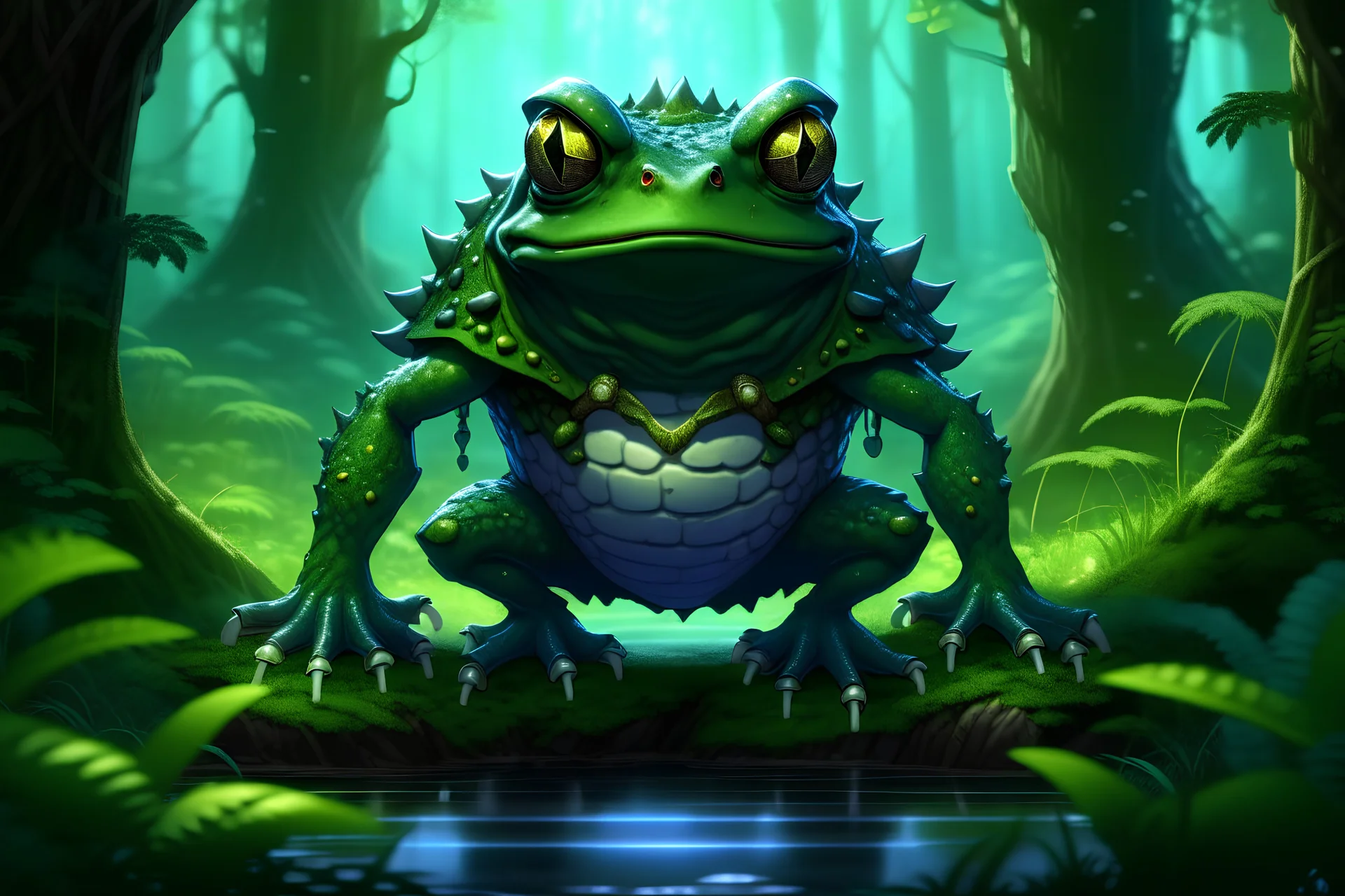 the protector. humanoid frog king. enormous, hulking, lumbering, towering over lush forest landscape. best selling beautifully animated graphic novel quality distinctive eye-catching anime. and frogs to destroy them