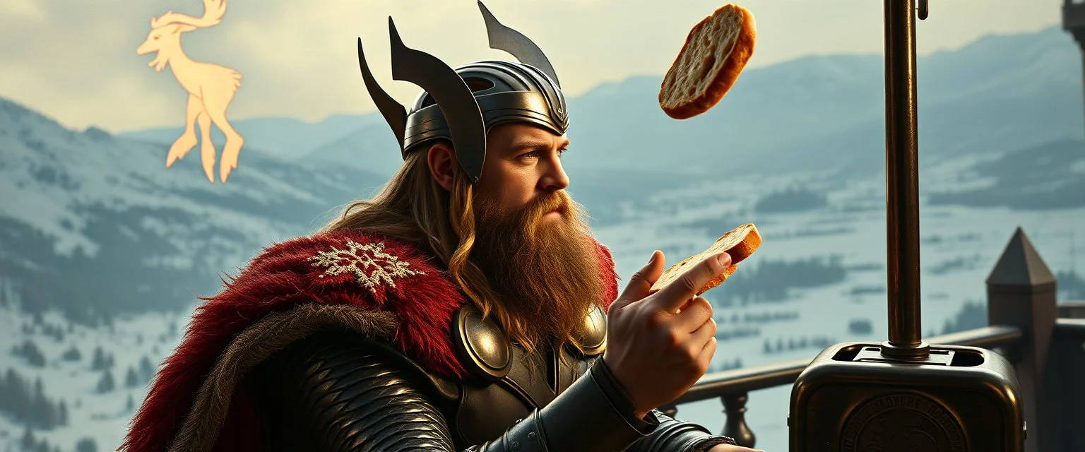 Movie poster portrait. The mighty God Thor sees the toaster on a pole, spit out a warm bread. The bread is jumping over his head. In the style of Rembrandt and "Gods of Fallout 4". He is sitting on the balcony of his castle, with a great view over the frozen valley. He is trying to grab the bread quickly.