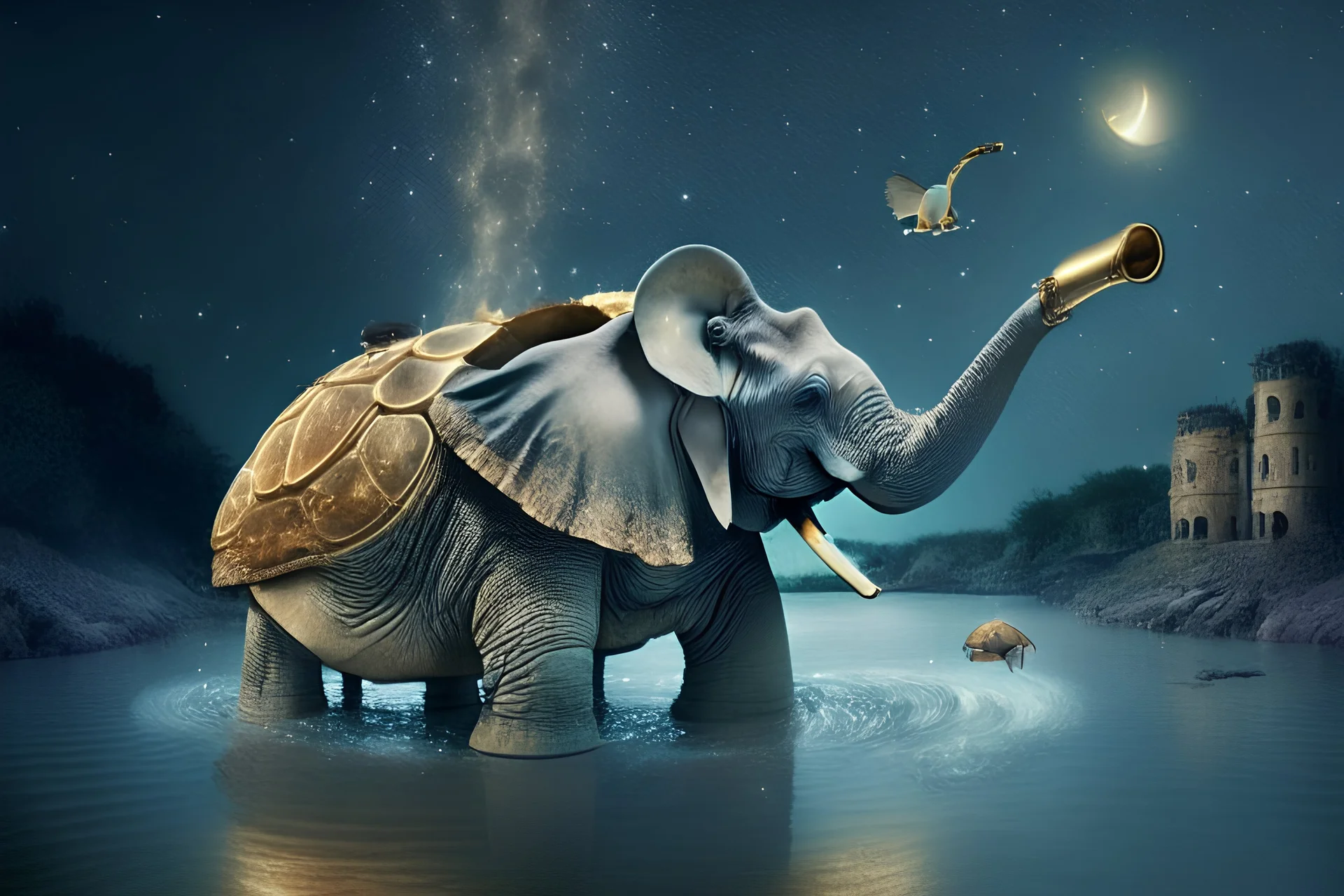 An elephant with a trunk made of a trumpet floats in the river on top of a turtle's shell cinema lighting