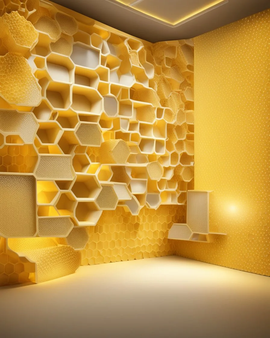 virtual photo wallpaper with honeycombs, beautiful yellow background, false windows and overhead lighting, display shelves for products