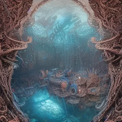 Underwater view,Insanely detailed photograph of an “artitcture plans of a sunken temple ” with intricate waves, intricate embroidered band of stars, hyperdetailed painting by Ismail Inceoglu Huang Guangjian and Dan Witz CGSociety ZBrush Central fantasy art album cover art,8K, hdr, romantic, mysterious, ominous, flowers, jewelry, steam,oil,cafe,street vendor,steamship,D&D