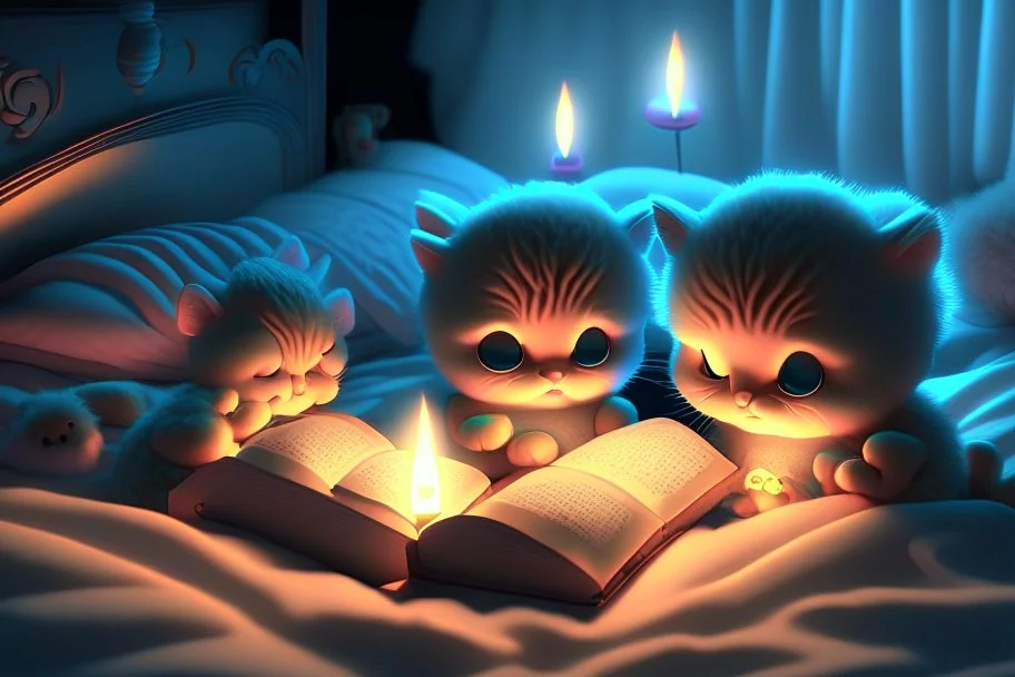 bioluminescent cute soft anime chibi kittens in a bedroom, reading a book by candlelight on the bed, highly detailed 3D