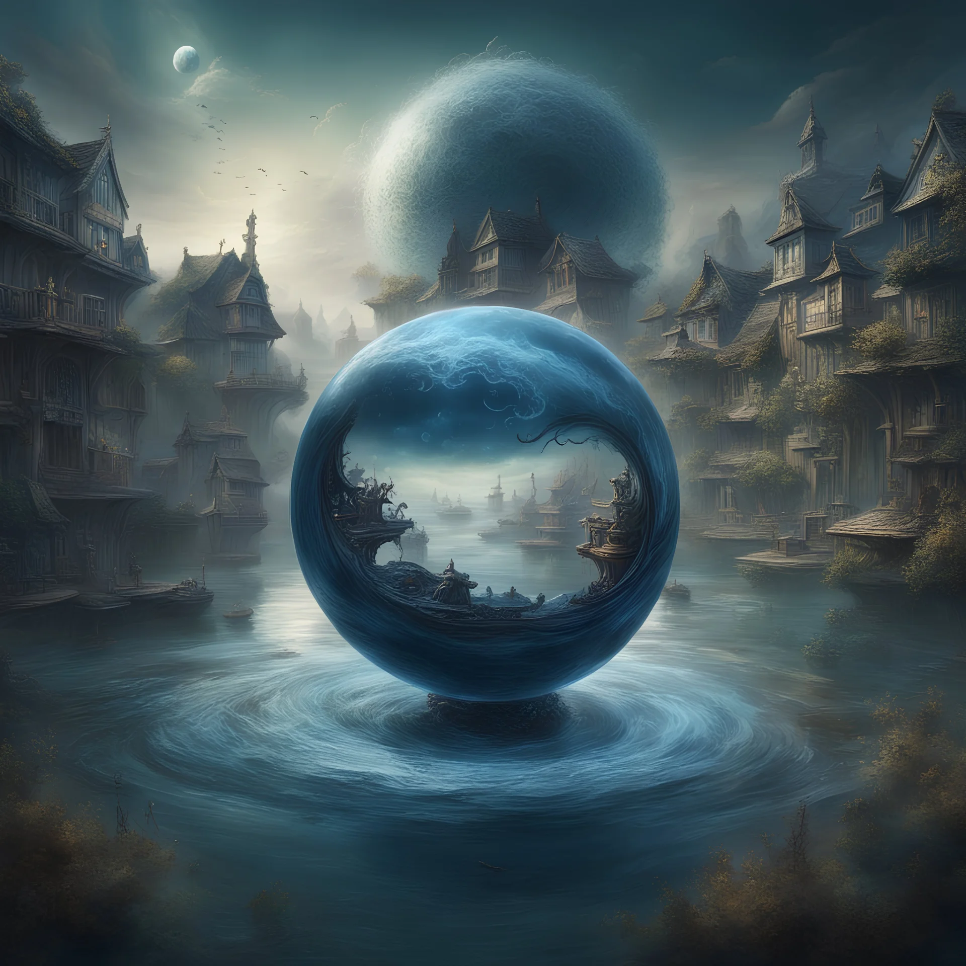 A translucent navy blue and glass platinum spooky smoke sphere filled with swirly ocean waves and a old village harbour, levitating in front of a humongous pond in an deoglu, Gustave Doré, detailed matte painting, deep color, fantastical, intricate detail, complementary colors, fantasy concept art, 8k resolutiosert oasis on dry dusty earth. wide view,