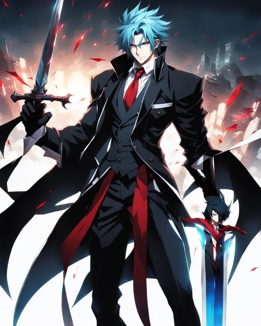 Stunning male anime character, drawn with intricate details on white background. The character is tall and muscular, with spiky blue hair and piercing blue eyes. Dark suit, with a red tie and black gloves. In one hand, he holds an elegant sword, its blade reflecting the light menacingly, while the other hand rests on his hip. The overall atmosphere of the picture is intense and dramatic, with a touch of mysterious charm.