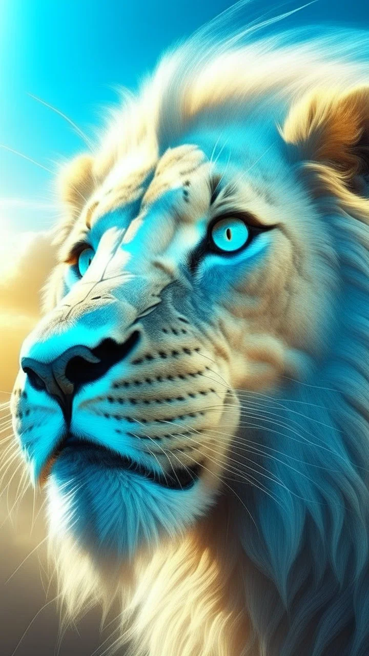 The face of a powerful white lion with roaring blue eyes and a large full sun behind her head and a golden sword in her hand in a beautiful and amazing view and psychedelic atmosphere.