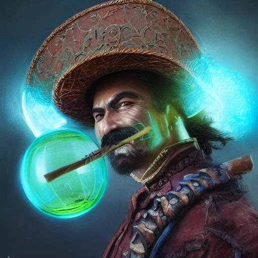 Insanely detailed photograph of an “ a mustachioed cowboy warrior "with worn Sombrero, handsome charo,cigar,glowing bluish green orb in outstretched hand, hyperdetailed painting by Ismail Inceoglu Huang Guangjian and Dan Witz CGSociety ZBrush Central fantasy art album cover art,8K, hdr, mysterious, flickeringlights ,Stoic