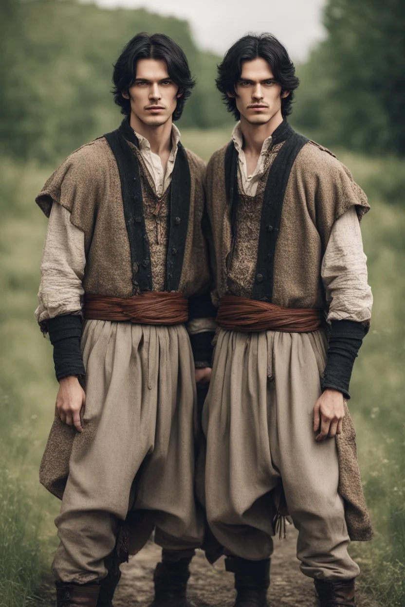 young and handsome identical twin brothers, black hair, dressed in epic peasant clothing